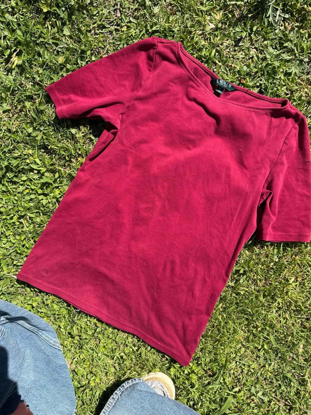 Lauren Ralph Lauren Burgundy Boatneck Short Sleeve Tee with Monogram